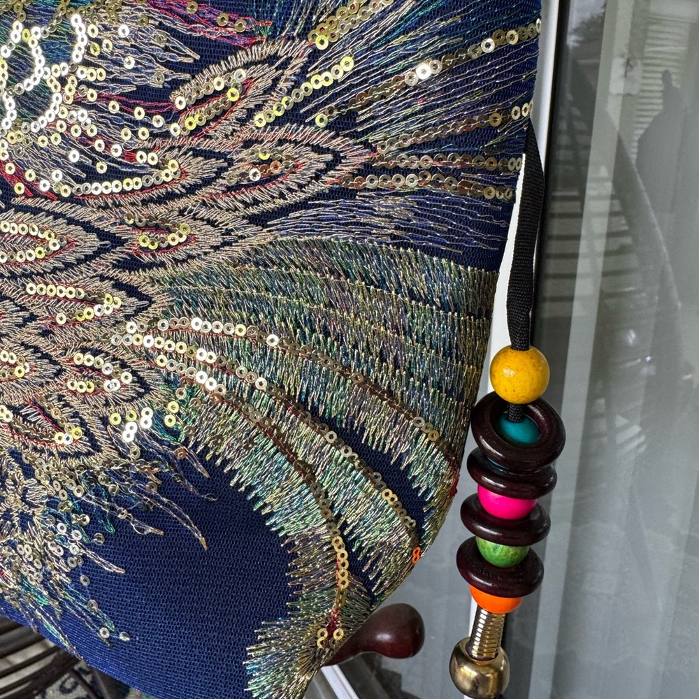 Blue Tote Hand Bag with Intricate Phoenix Design and Side Beads. - Picture 6 of 11